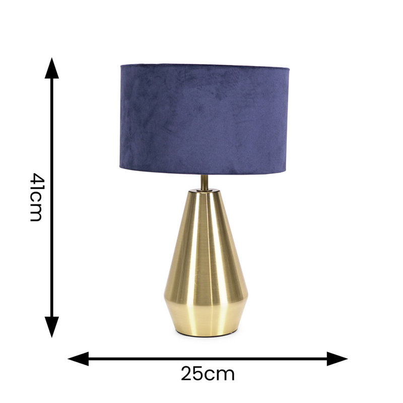 Jax Metal Dimmable Touch Table Lamp with Velvet Drum Shade with LED Bulb, Navy Blue, Gold