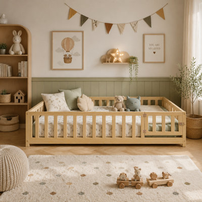 Structure de lit double Montessori avec clôture et porte de sécurité, lit plateforme pour tout-petits en bois avec lattes de soutien