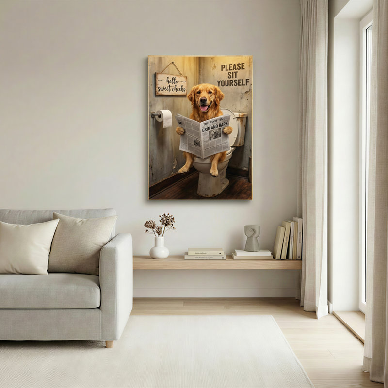 Tableau sur toile tendue représentant un chien lisant un journal, idéal pour décorer une salle de bain., H 24 po x l 16 po