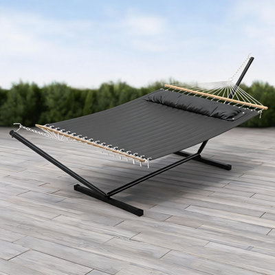 Extra Wide Double Hammock with Steel Stand, 2 Person Quilted Hammock with Pillow and Heavy Duty Frame for Backyard Garden Camping
