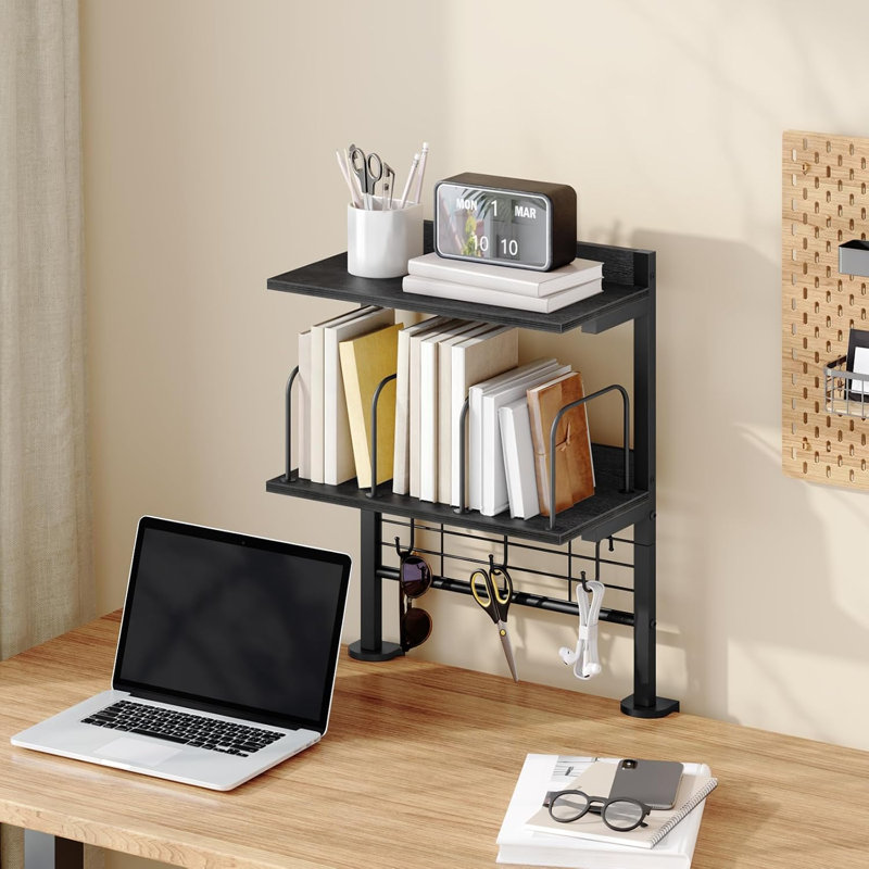 Étagère de bureau à pince, organisateur de rangement de bureau à 2 niveaux, bibliothèque de bureau avec crochets et cloison, accessoires de bureau pour salle d'étude et de jeu