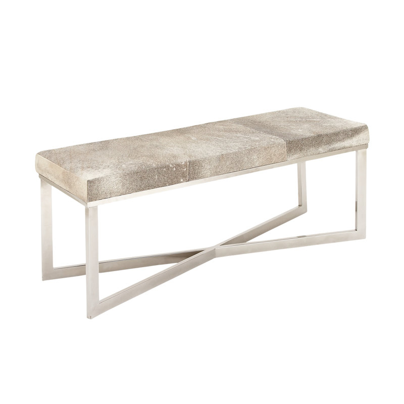 Leather Handmade Cowhide Home Bench with Silver Metal Base