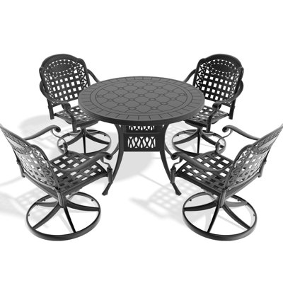 5 All-Weather Cast Aluminium Dining Ensemble - 4 Swivel Chairs & 39.37" Round Table, Black, Graceful Design Build, Comfortable Seating, Cushions Outdoor Configuration Design,