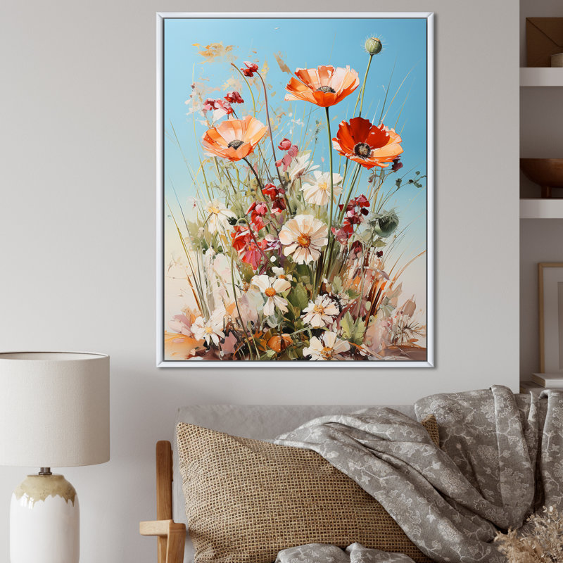 Œillets mauves, charme de campagne sur toile, Cadre flottant blanc, H 20 po x l 12 po x P 1 po