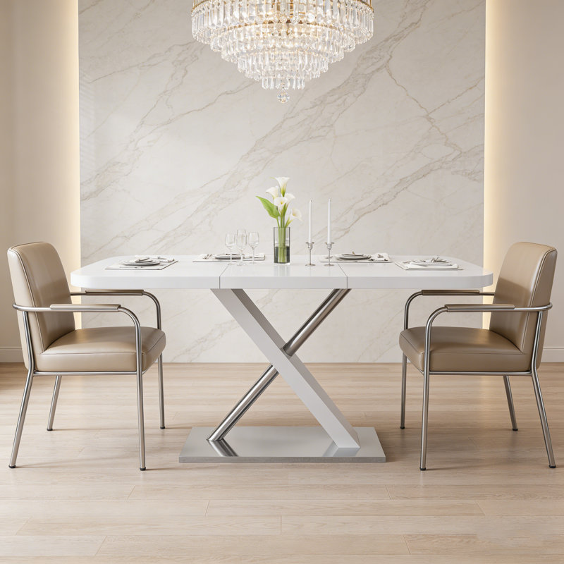 Table de salle à manger extensible, moderne et brillante pour 4 à 6 personnes, avec une seule main, base en métal robuste et croisée avec une capacité de charge élevée.