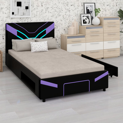 Bed frame with LED lights and drawers for modern bedrooms