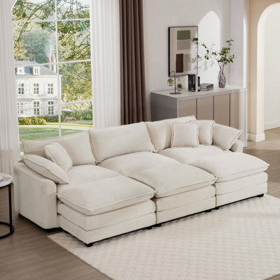Oversized Modular Cushioned Sofa With 3 Ottomans, Modular Sofa Set To Work As Sleeper Sofa Bed , 6 - Piece Sofa Set With One 3 Seater Sofa And Three Ottomans, Light Beige Corduroy