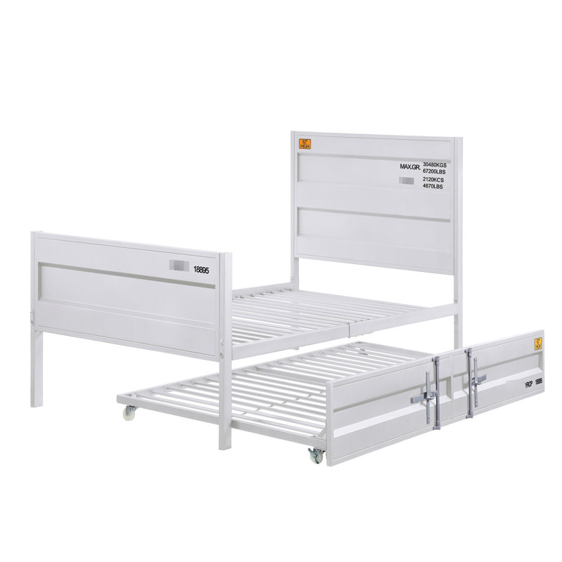 Lit plateforme double en métal blanc, avec thème de contenant de chargement, sommier tapissier non requis pour un cadre de chambre à la mode à thème blanc, taille, aucune condition requise