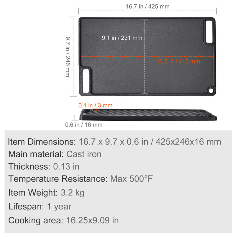 Gril / plaque réversible réversible, plaque chauffante pré-agencée en fonte de 9,7 po x 16,7 po, plaque chauffante rectangulaire à double brûleur, batterie de cuisine antiadhésive avec poignées, plaque supérieure pour barbecue, barbecue au gaz, noir