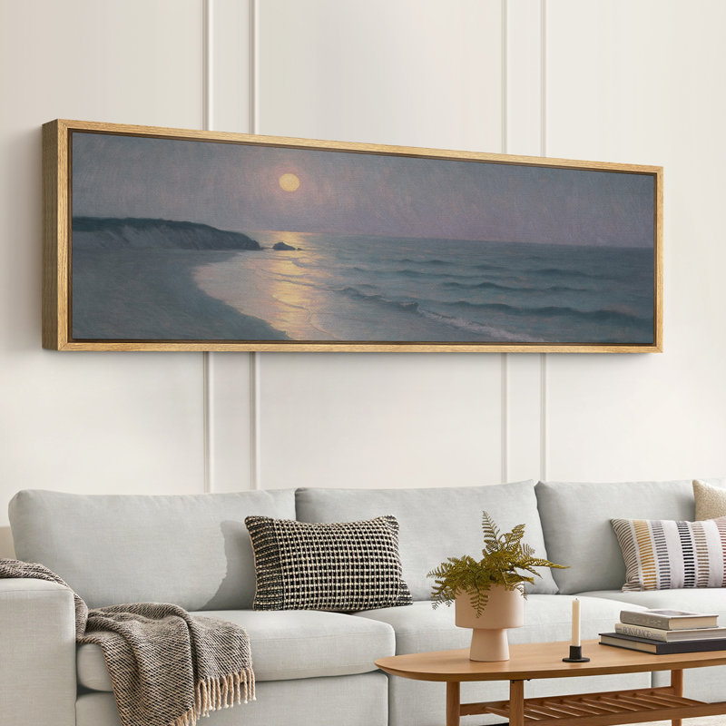 Clair de lune sur une plage tranquille, grande impression sur toile encadrée pour un décor côtier serein, H 20 po x l 60 po