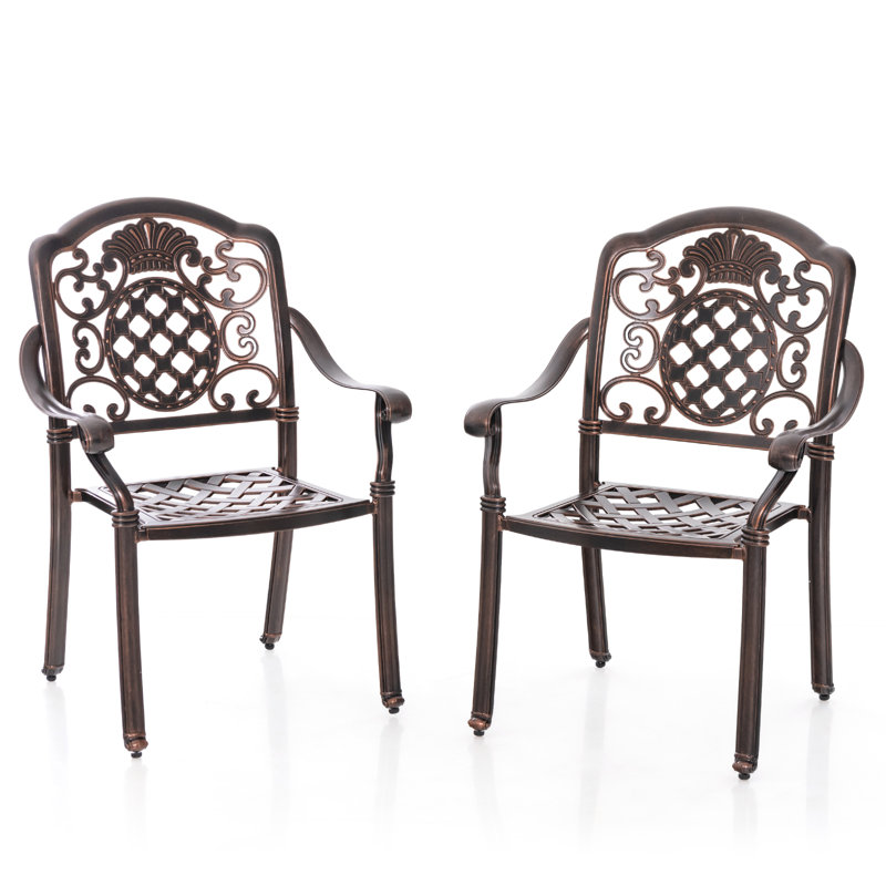 Astoria Grand 2 Pcs Patio Cast Aluminum Chairs Outdoor Metal Armchairs With Ergonomic Curved Seat Red Copper