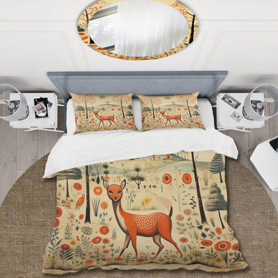 Ensemble de housse de couette rétro à motif cerf orange et vert