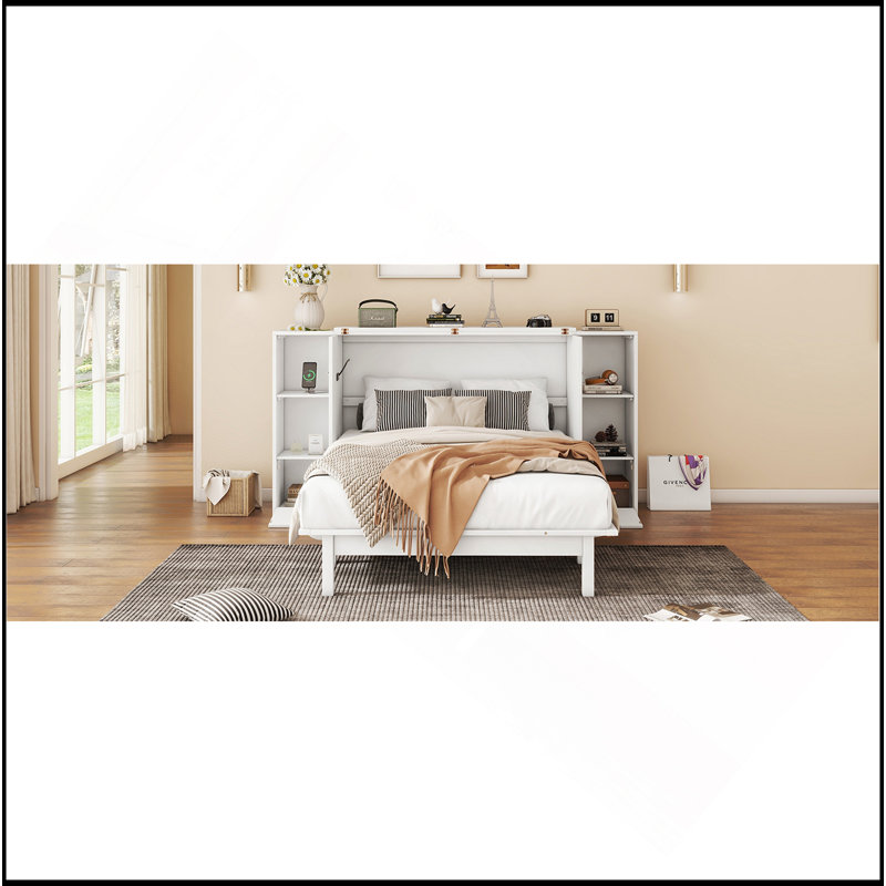 Lit escamotable double avec tablettes, tiroirs et ports USB, blanc