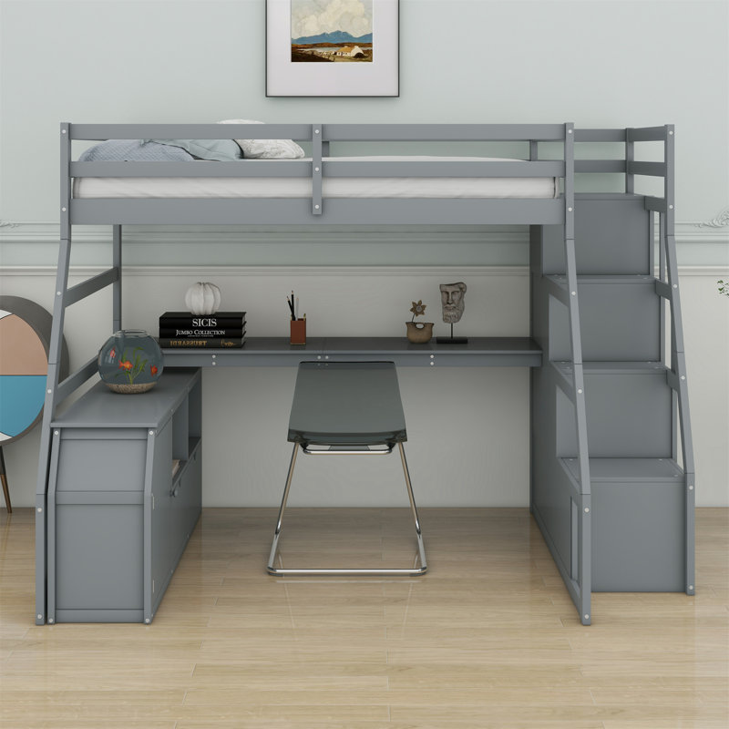 Lit mezzanine avec 7 tiroirs, 2 tablettes et un bureau, Gris