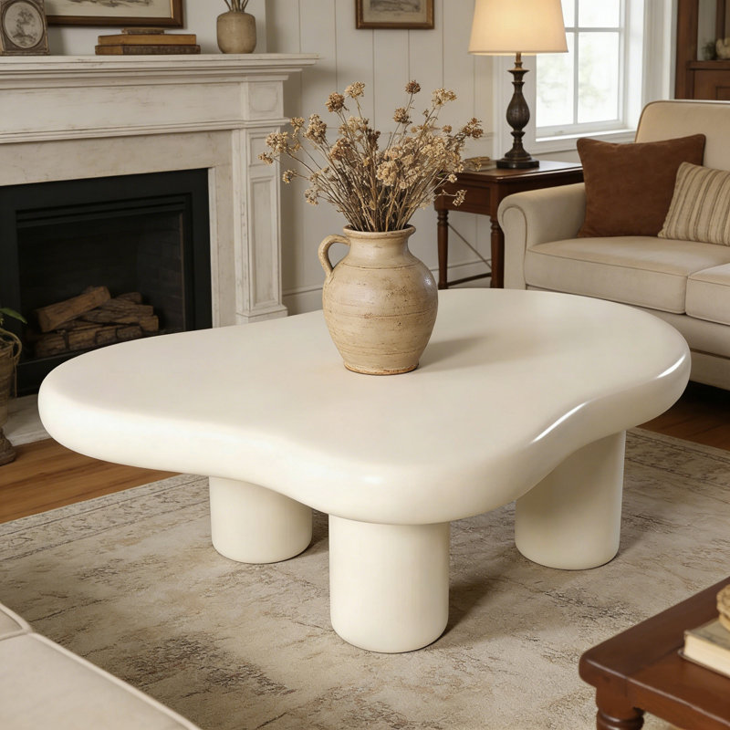 39.37" L Cloud-Shaped Coffee Table, 27.56" W Cream Irregular Center Table with 4 Thick Legs for Living Room