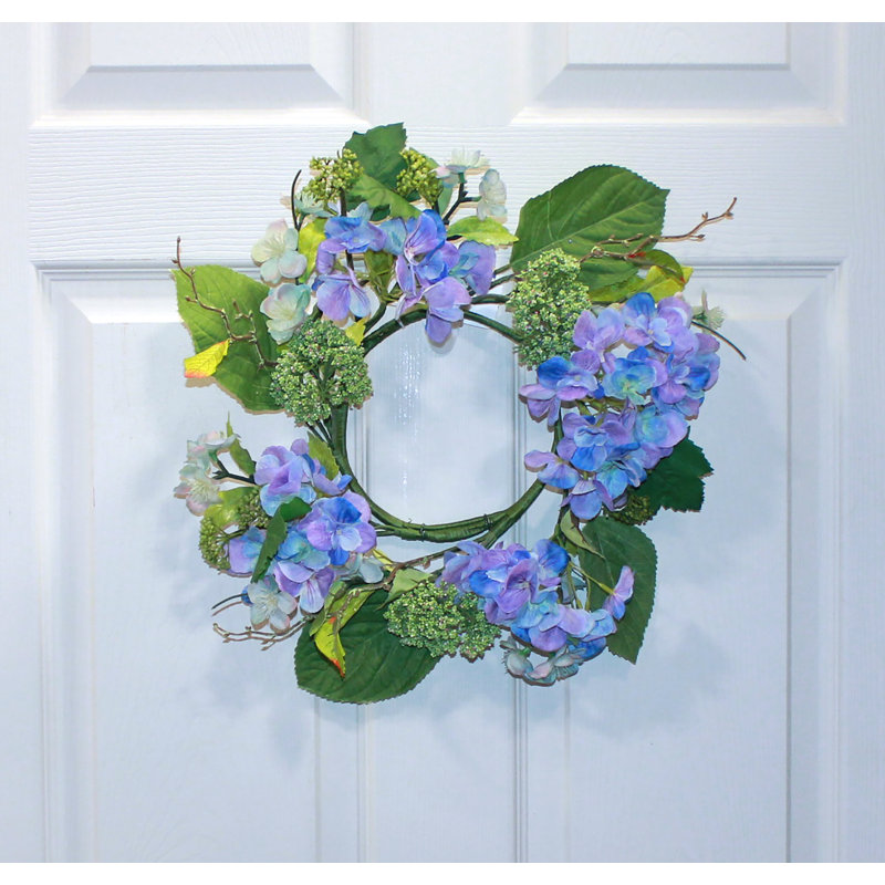 16" Artificial Hydrangea and Green Leaves Wreath, Blue