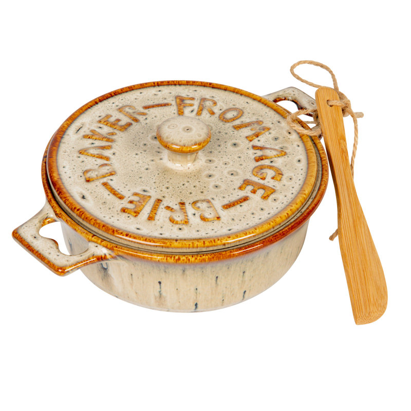 9 Inches Stoneware Brie Baker with Bamboo Canapé Spreader Knife and Reactive Glaze Design, Brown/Tan