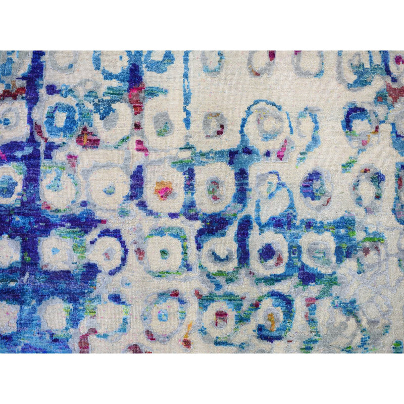 Tapis décoratif noué à la main New Age Ivoire/bleu/rose de conception unique 11 pi 10 po x 15 pi
