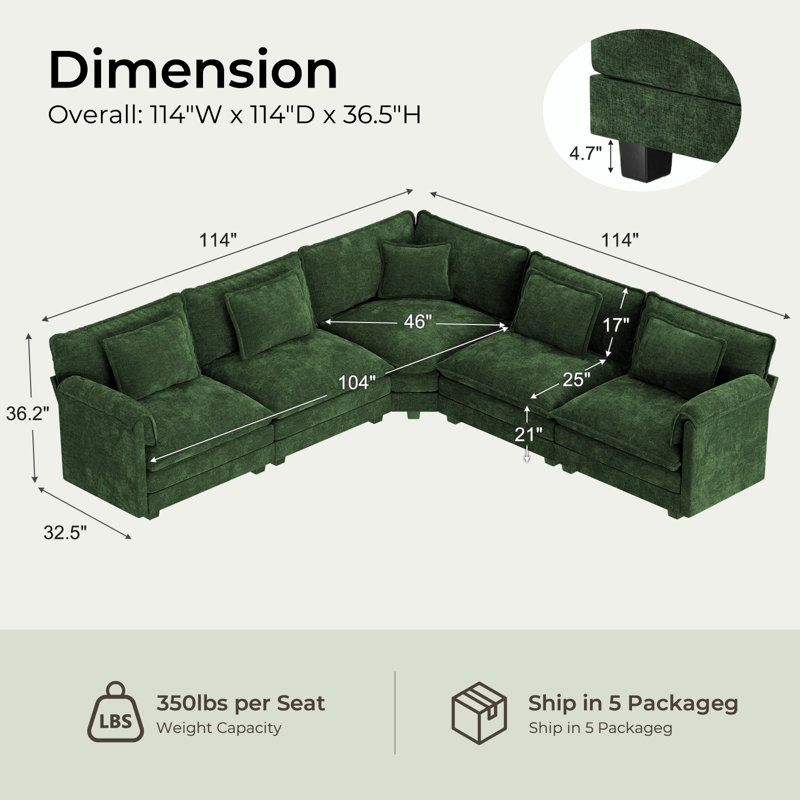 Canapé modulaire en coin revêtu de tissu d'ameublement Amabilia, Chenille verte, H 36,2 po x l 114 po x P 114 po