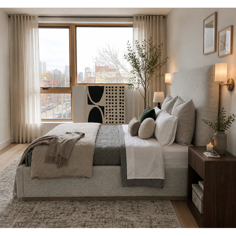 Modern Platform Bed with Tall Upholstered Headboard, Low Profile Platform Bed, King, Gray