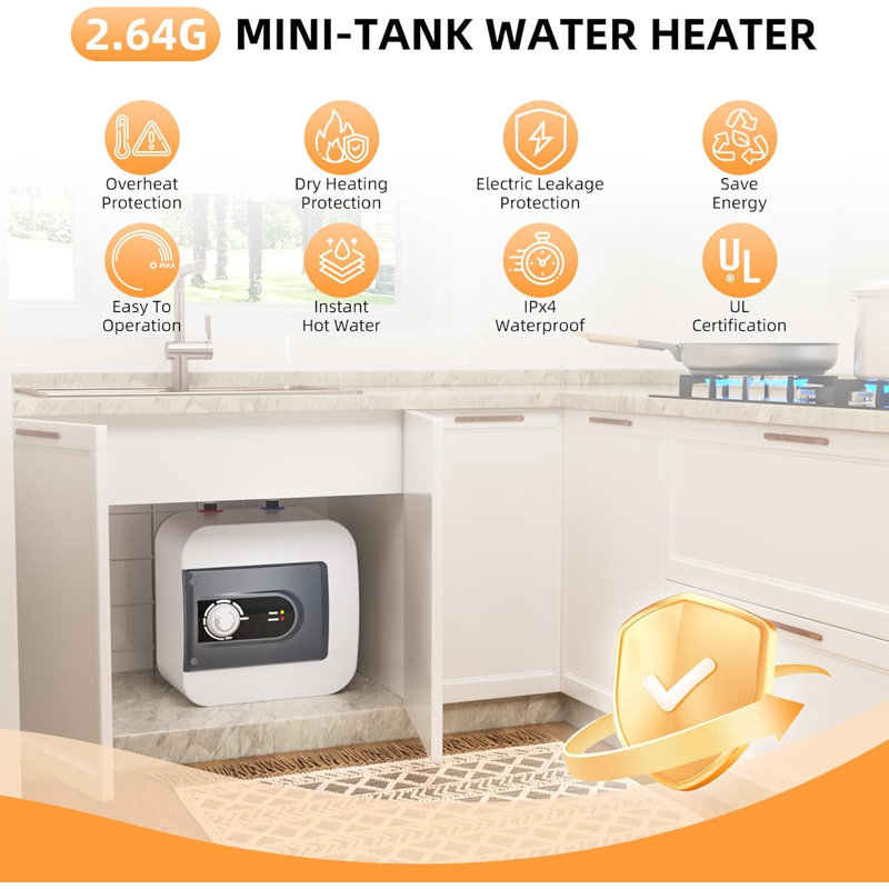 2.64Gallon Electric Mini Tank Water Heater Under Sink Water Heater 1500W