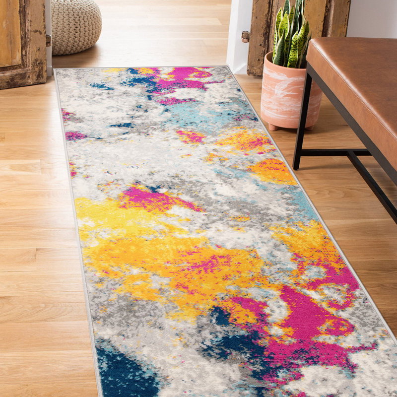 Noires Abstract Ivory/Gray/Blue Area Rug, Runner 2' x 7'