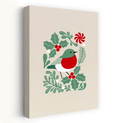 Festive Christmas Robin Classic Traditional Abstract Bird Pine Forest Nature Wall Art Print 1 Piece Wrapped Canvas Wall Art