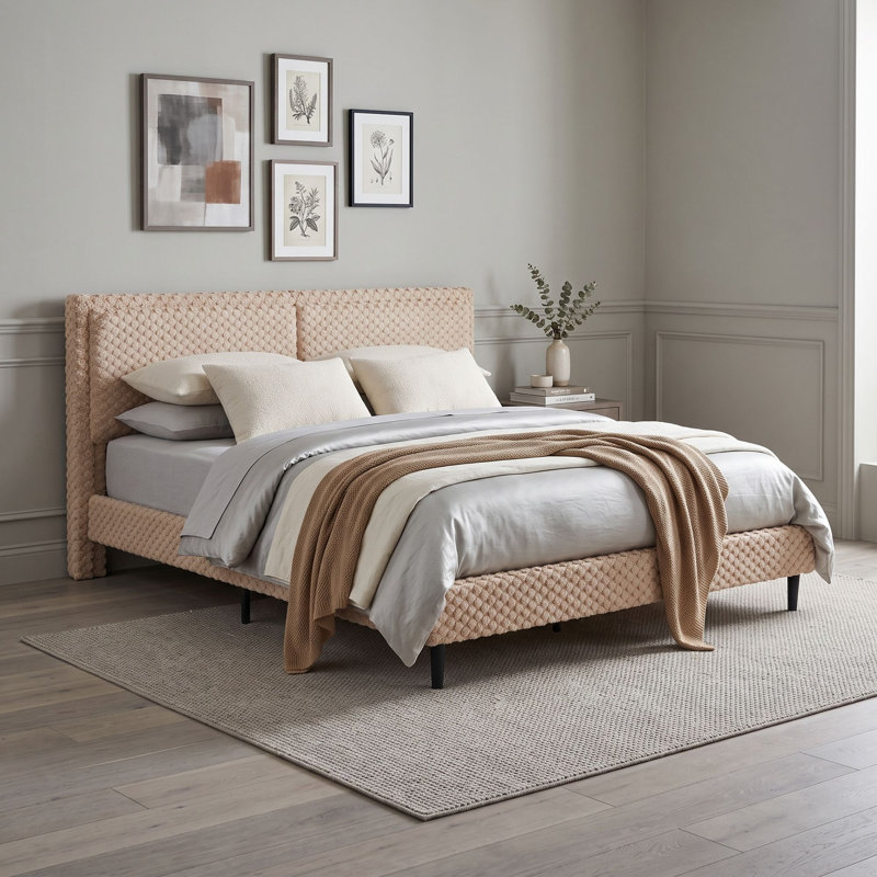 Lit plateforme tapissier avec tête de lit, Très grand lit, Chameau