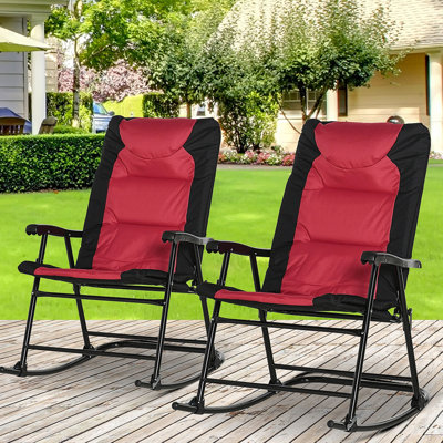 Outdoor Rocking Chairs 2 Piece - Red Bistro Style For Porch, Camping, Balcony Folding Steel Frame, 265 Lbs Load Capacity Padded Patio Red. Use. Soft Cushion, Quick Fold, Fabric, Max