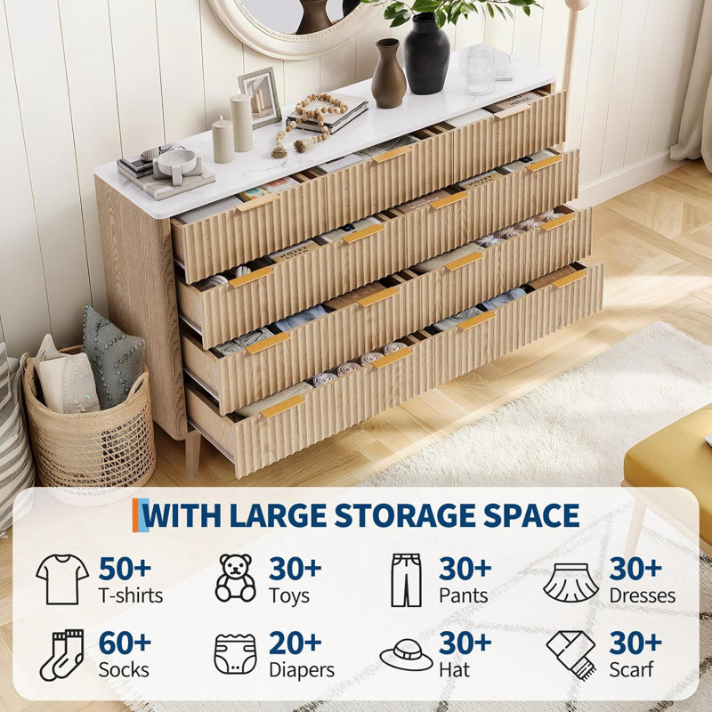 54" Wide 9 Drawer Dresser,Wooden Chest of Drawers with Fluted Wave Pattern, Metal Handles, Modern TV Stand Dresser with Curved Profile for Bedroom, Living Room, Entryway