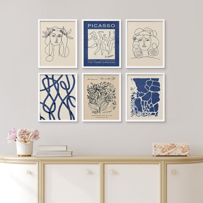 " SIGNLEADER Framed Poster Navy Blue Abstract Picasso Portrait Gallery Vintage Retro Antique Mixed Media Illustrations Fine Art Decorative Country/Farmhouse Relax/Calm For Bedroom " 6 - Pieces