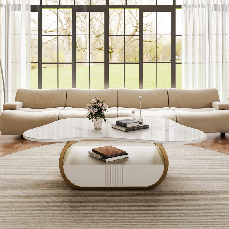 41.7" Gold Coffee Table With Abstract Shaped Design, Faux Marble Stainless Steel Base Coffee Table With Storage, Gold