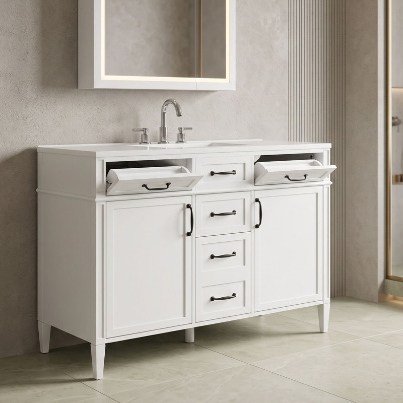 Armoire de meuble-lavabo 48 po avec lavabo, tablettes réglables, 4 tiroirs et 2 portes à fermeture en douceur, White