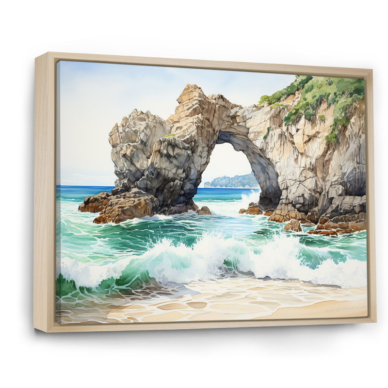 Coastal Rock Arch Beach 1 - Vagues côtières, art mural, Cadre flottant brun, H 34 po x l 44 po x P 1,5 po