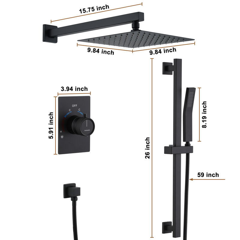 Système de douche à pluie à 2 fonctions SlideLux 10 pouces avec barre coulissante et valve brute, Noir mat
