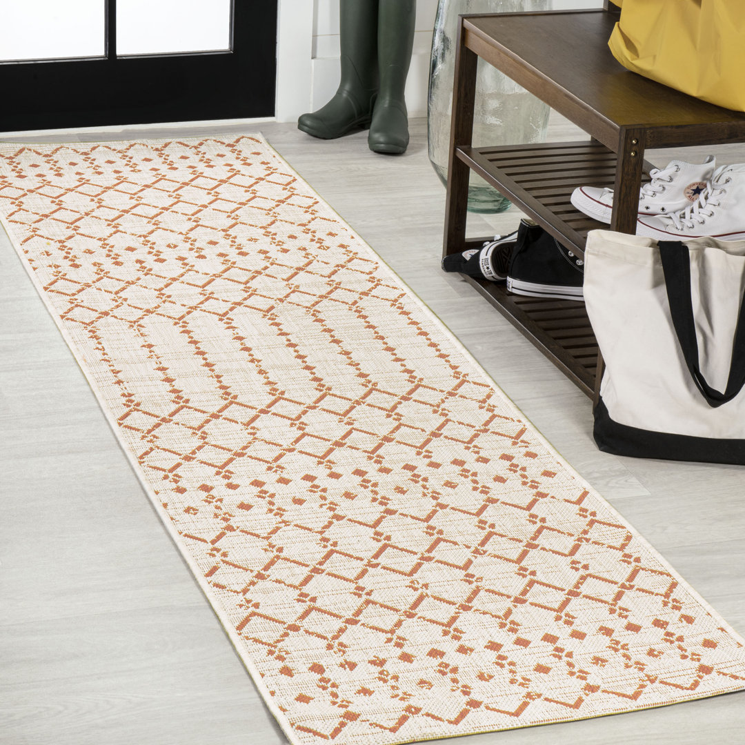Avag Moroccan Geometric Textured Weave Cream/Orange Indoor/Outdoor Rug Foundry Select Rug 