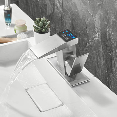 LED Light Bathroom Faucet One Hole Waterfall Temperature Display Hydraulic Power Single Handle Faucet, Waterfall Faucet for Bathroom Sink Mount