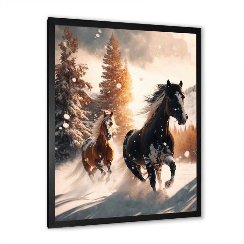 Scène hivernale de chevaux sauvages au galop I, H 32 po x l 16 po x P 1 po, Cadre simple noir