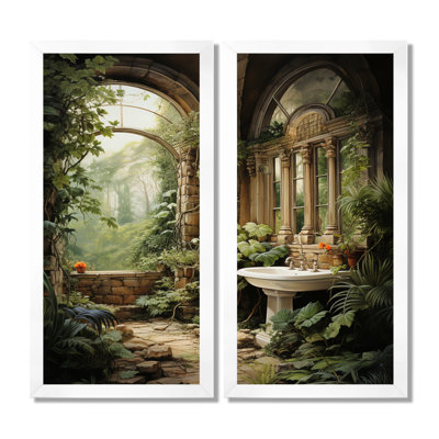 «Bathroom Natures Retreat» - ensemble de 2 reproductions d'art sur toile, ensemble d'humour vert