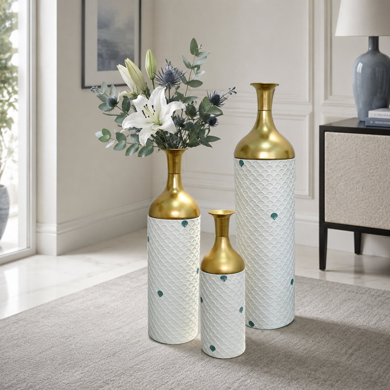 Ensemble de 3 vases de sol en métal blanc et doré, vases décoratifs gigognes hauts avec finition texturée