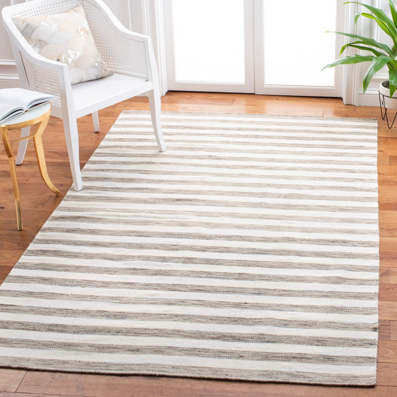Emek Hand Woven Flat Weave Wool/Cotton Striped Rug in Brown/Ivory, Rectangle 5' x 8'