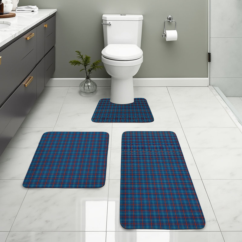  Tapis de salle de bain à carreaux 3 pièces en U et tapis rectangulaires bleu marine bleu rouge