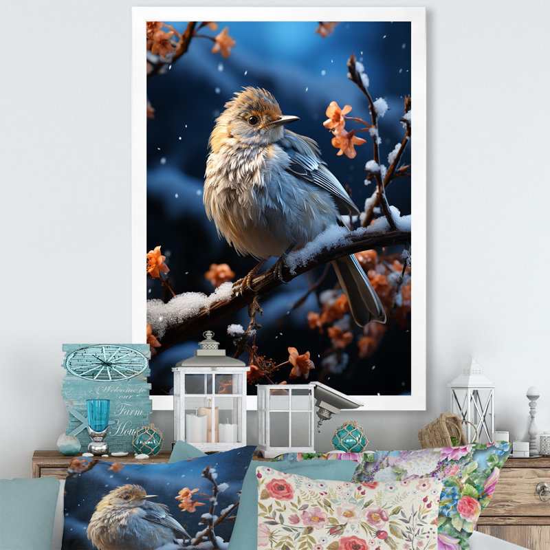 «Winter Bird Serenity I», art mural oiseau, H 32 po x l 16 po x P 1 po, Cadre simple blanc