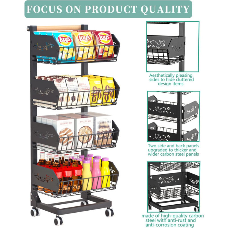 4-Tier Kitchen Snack Cart with Wheels - Upgraded wider and thicker, Multi-Purpose Rolling Storage Cart for, Grey