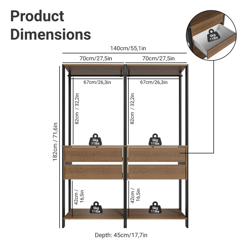 Madesa Wardrobe Clothes Storage Rack with 4 Drawers and Hanging Spaces 55"L Multiuse Modular Cabinet for Bedroom Organization - Black/Brown