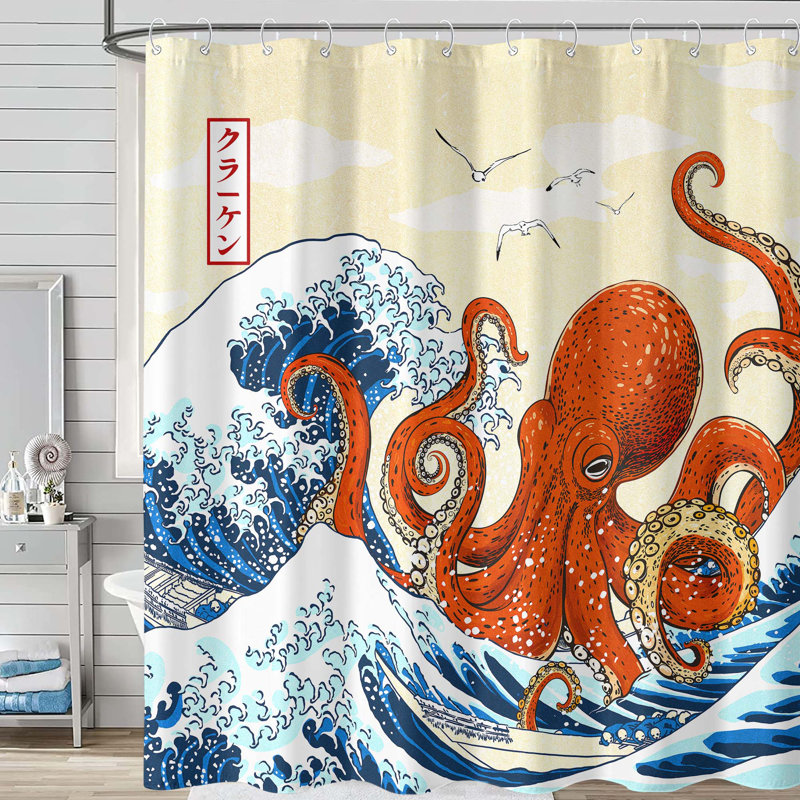 Funny Ocean Octopus Shower Curtian for Bathroom Waterproof Fabric Bath Curtain Sets with Hooks 72''×72''