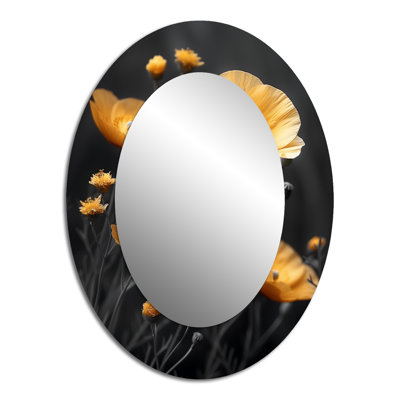 Yellow Black Poppies Luminous Joy II - Yellow Modern Oval Wall Mirror