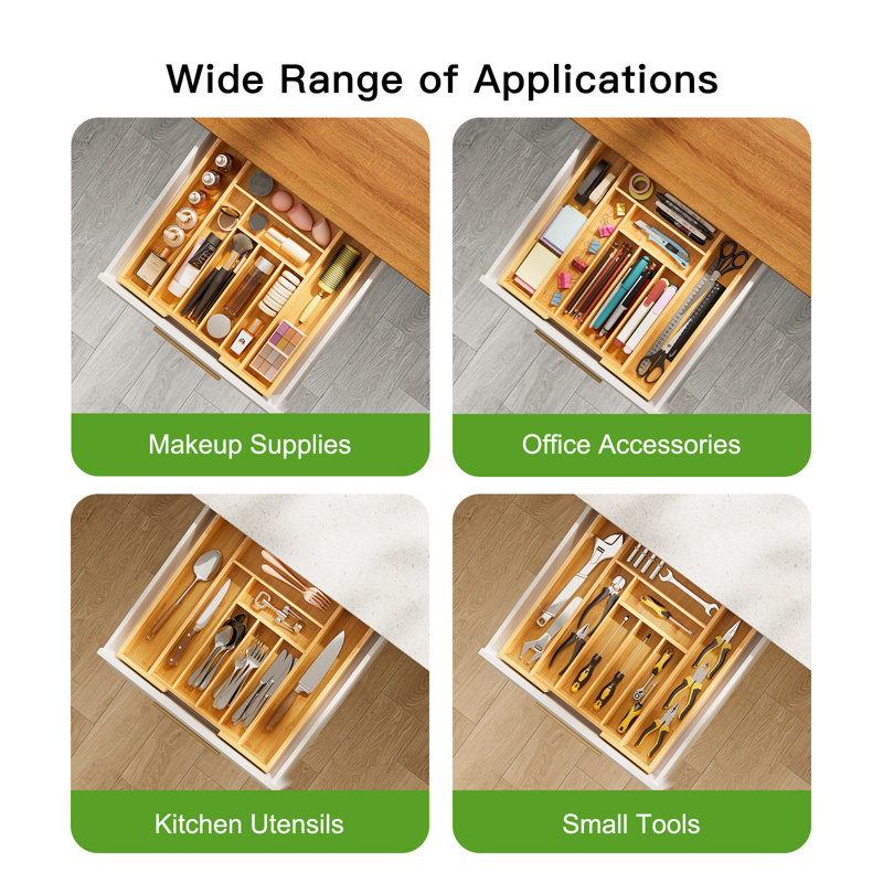 Luzius Bamboo Adjustable Expandable 8 Slot Flatware Drawer Organizer for Kitchen Utensils, Natural
