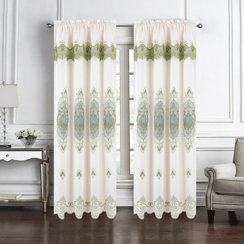 Meinou Macrame Embroidered Window Curtain with attached Valance, Sage