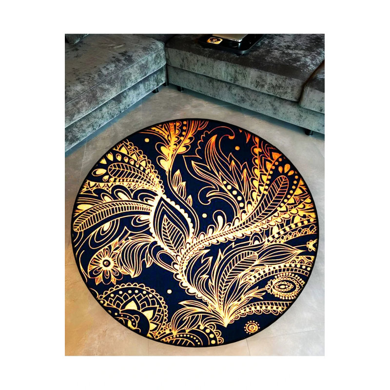 Black And Yellow Ethnic Patterned Woven Base Decorative Carpet, Round 3'4"
